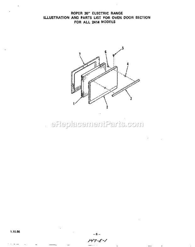 Roper 2424W0A Electric Ranges, Electric* Oven Door Diagram