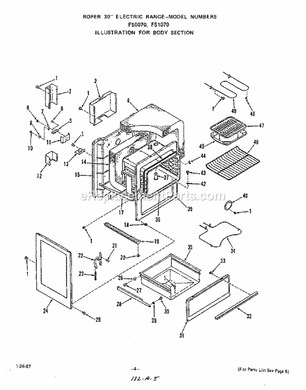 Roper F5007W0 Electric Ranges, Electric* Body Diagram