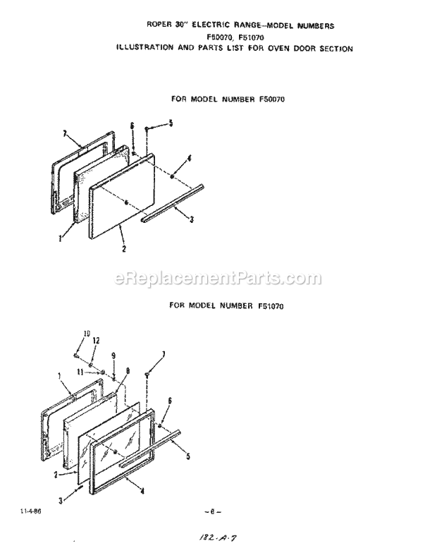 Roper F5007W0 Electric Ranges, Electric* Oven Door Diagram