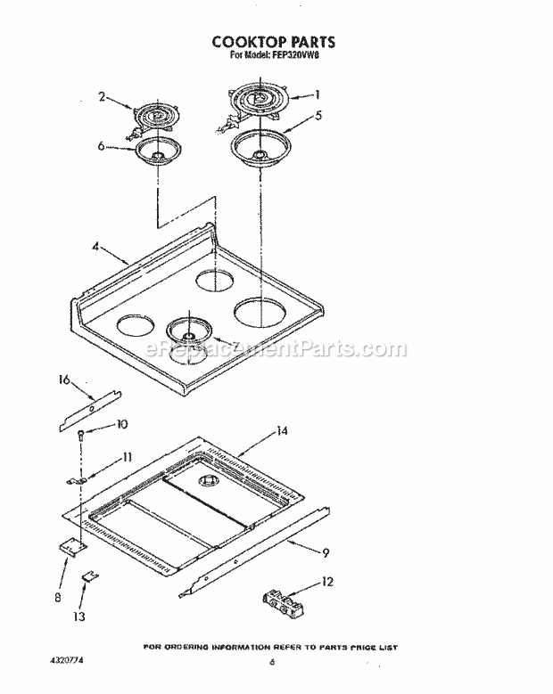 Roper FEP320VW0 Freestanding, Electric Electric Range Cooktop Diagram