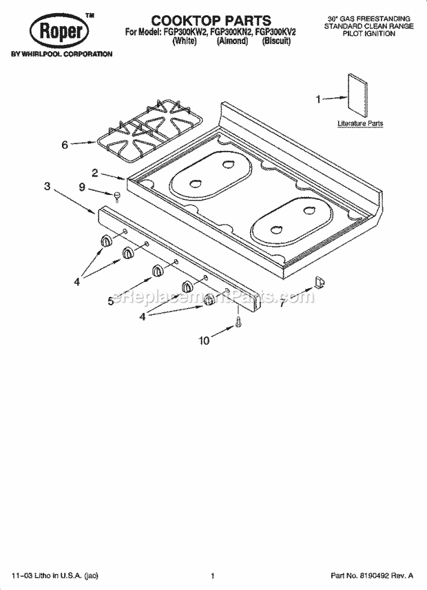 Roper FGP300KW2 Freestanding, Gas Free Standing - Gas Cooktop Parts Diagram