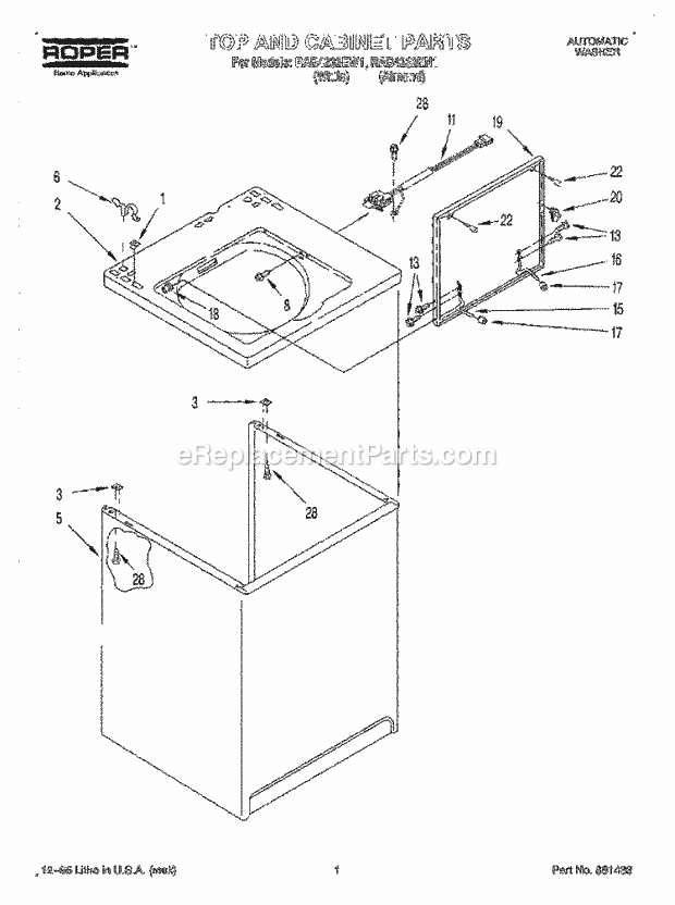 Roper RAB4232EW1 Residential Washer Top and Cabinet Diagram