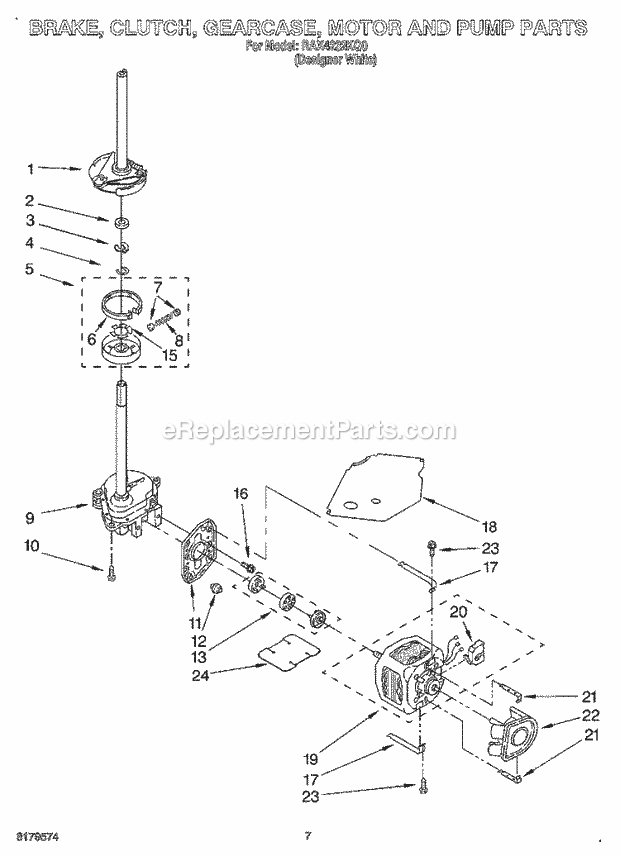 Roper RAX4232KQ0 Residential Washer Brake, Clutch, Gearcase, Motor and Pump Diagram