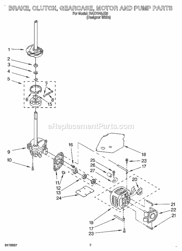 Roper RAX7245JQ0 Residential Washer Brake, Clutch, Gearcase, Motor and Pump Diagram
