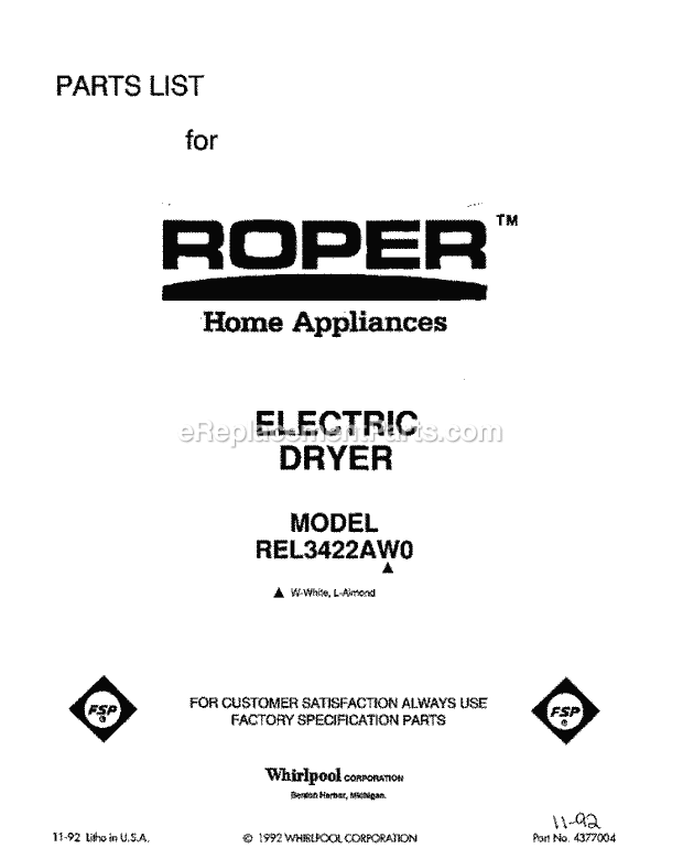Roper REL3422AW0 Residential Residential Dryer Page C Diagram