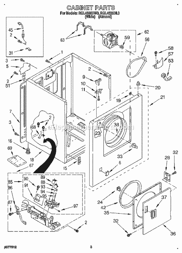 Roper RGL4632DW0 Residential Gas Dryer Cabinet Diagram