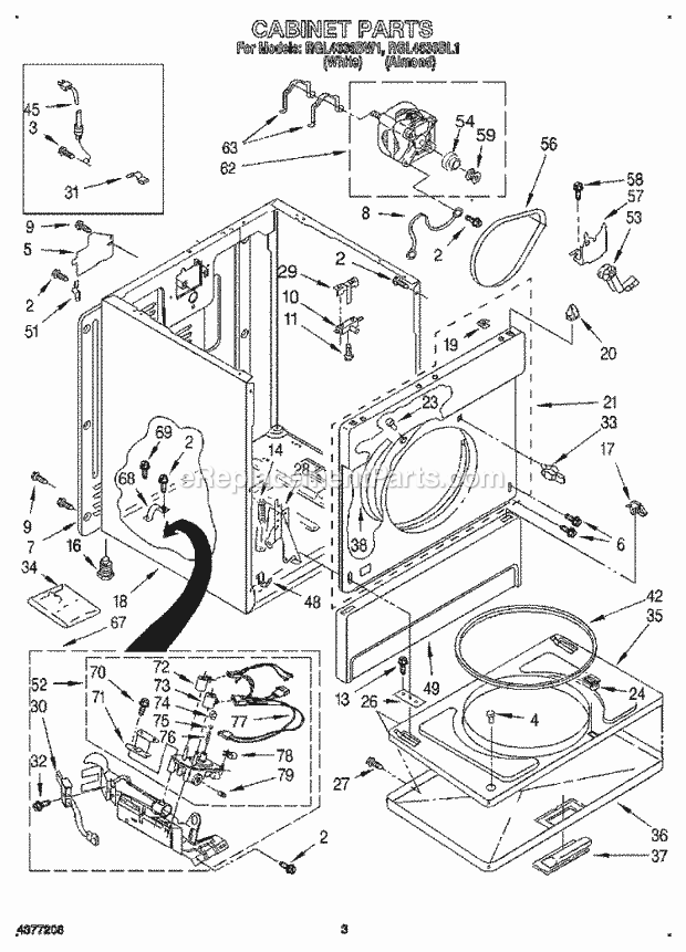 Roper RGL4636BW1 Residential Gas Dryer Cabinet Diagram
