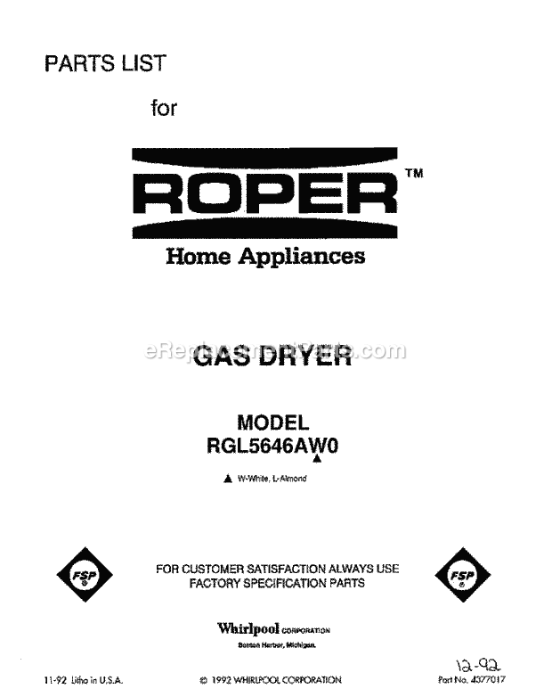 Roper RGL5646AW0 Residential Residential Dryer Page D Diagram