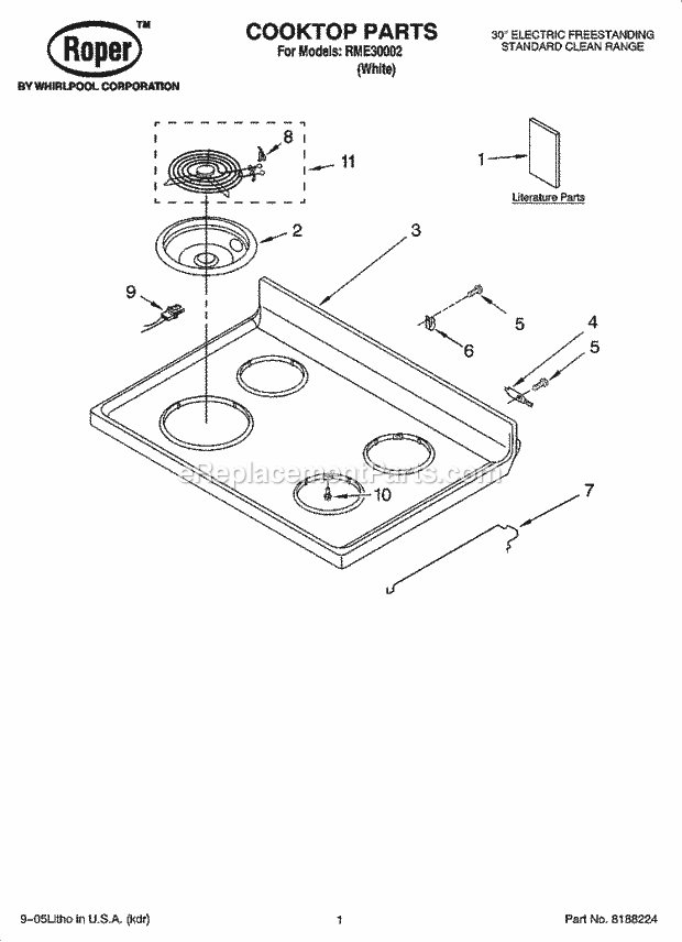 Roper RME30002 Freestanding, Electric Free Standing - Electric Cooktop Parts Diagram