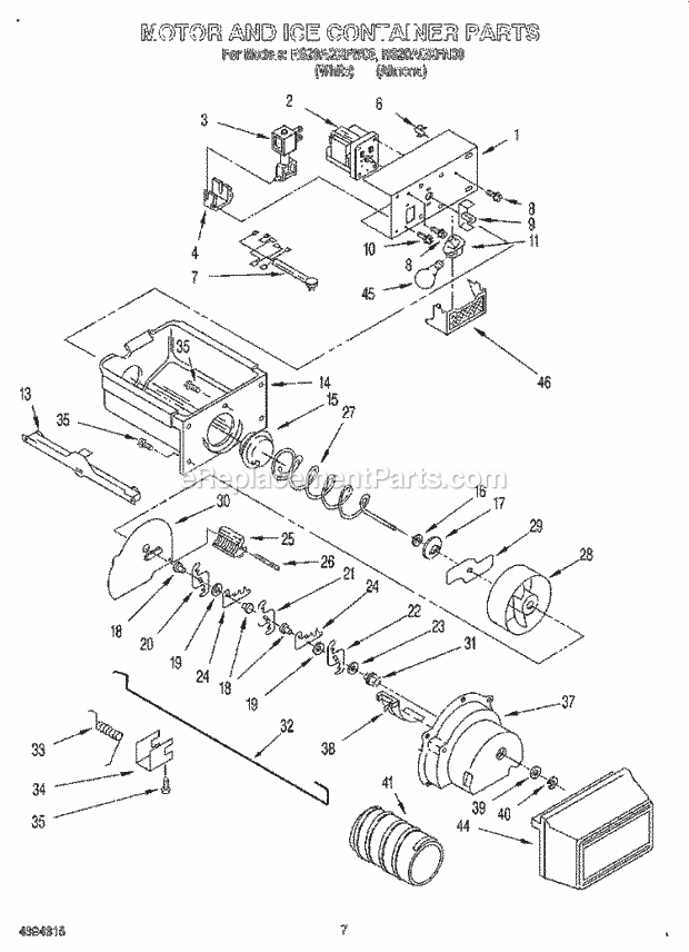 Roper RS20AQXFW00 Side-By-Side Refrigerator Motor and Ice Container Diagram