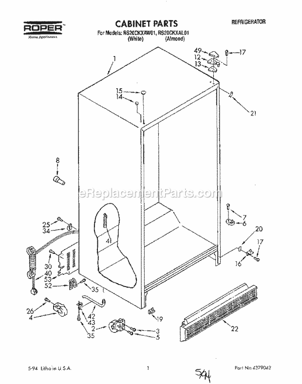 Roper RS20CKXAL01 Side-By-Side Refrigerator Cabinet Diagram