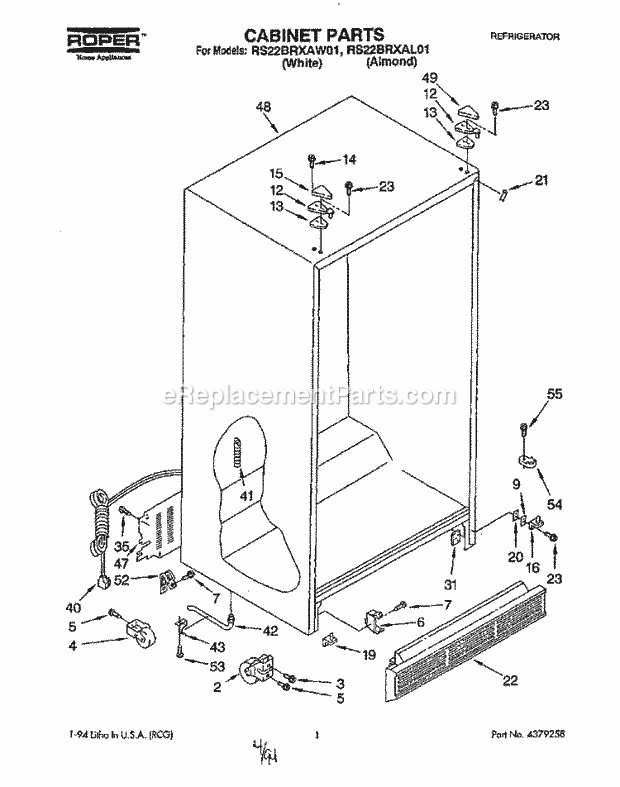 Roper RS22BRXAL01 Side-By-Side Refrigerator Cabinet Diagram