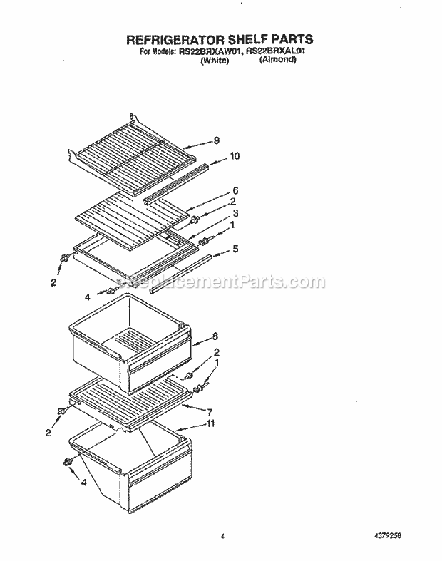 Roper RS22BRXAW01 Side-By-Side Refrigerator Refrigerator Shelf Diagram