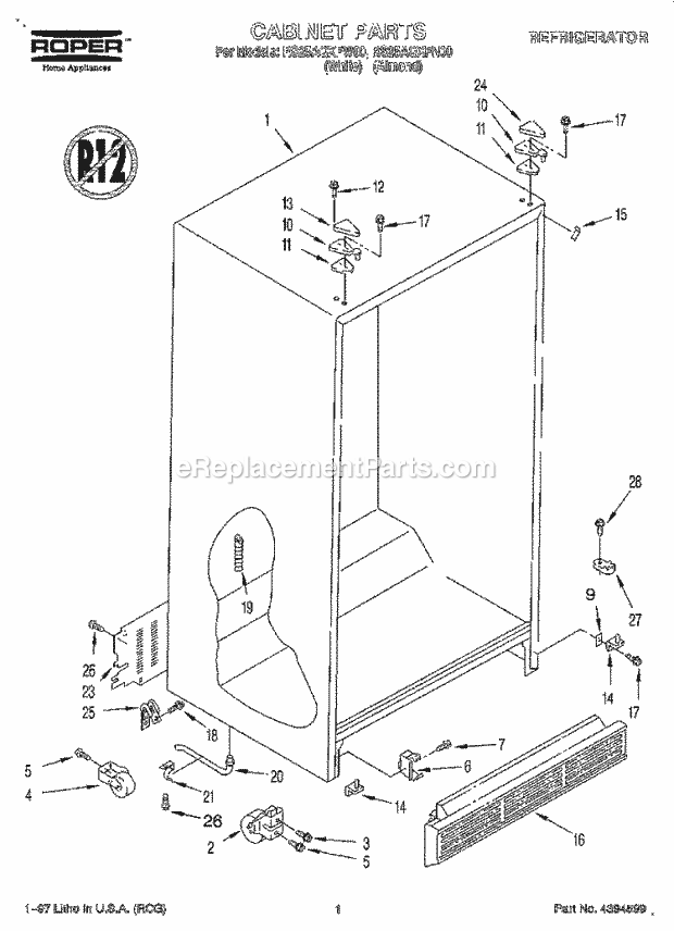 Roper RS25AQXFW00 Side-By-Side Refrigerator Cabinet Diagram