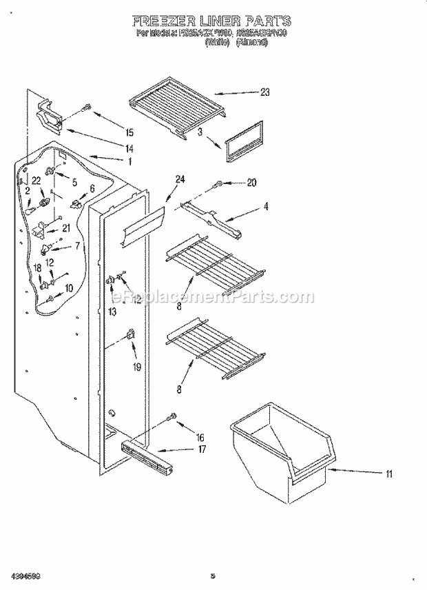 Roper RS25AQXFW00 Side-By-Side Refrigerator Freezer Liner Diagram