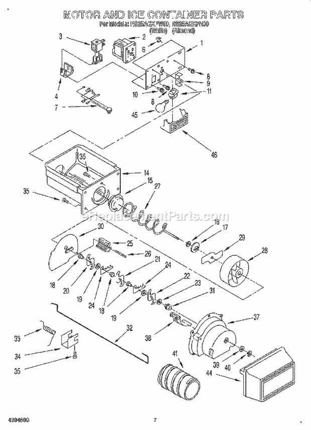 Roper RS25AQXFW00 Side-By-Side Refrigerator Motor and Ice Container Diagram