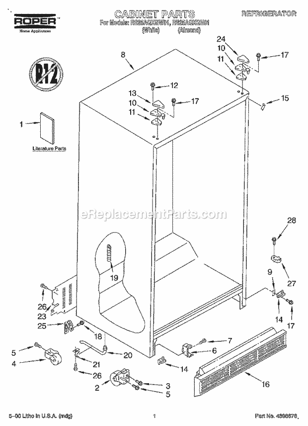 Roper RS25AQXGN01 Side-By-Side Refrigerator Cabinet, Literature Diagram