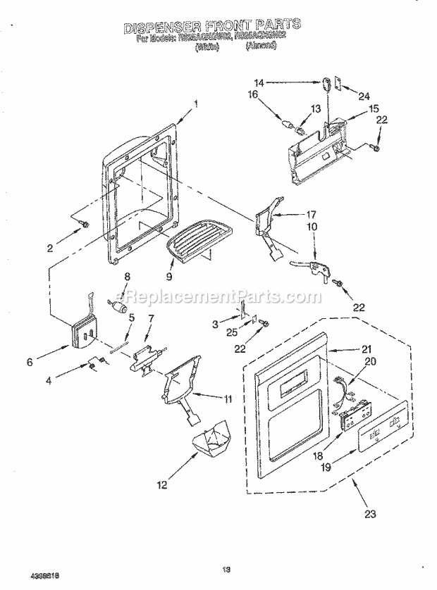 Roper RS25AQXGN02 Side-By-Side Side-By-Side Refrigerator Dispenser Front Diagram