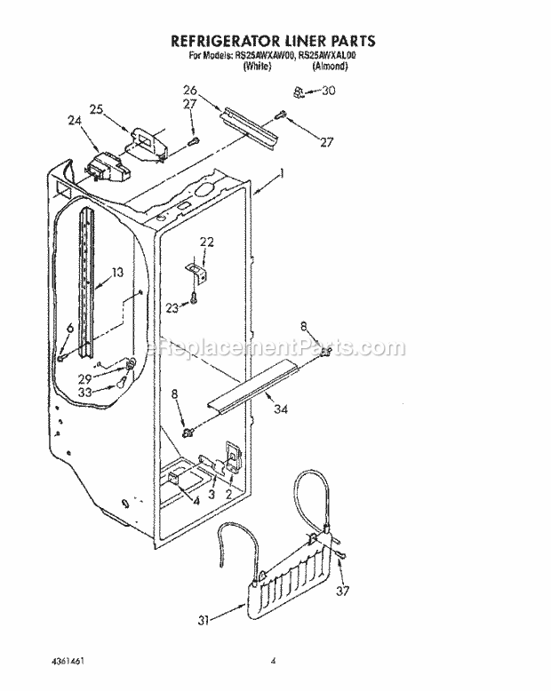 Roper RS25AWXAW00 Side-By-Side Refrigerators* Refrigerator Liner Diagram