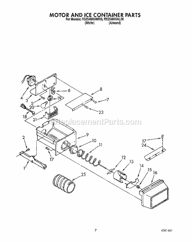 Roper RS25AWXAW00 Side-By-Side Refrigerators* Motor and Ice Container Diagram