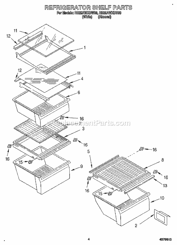 Roper RS25AWXDN00 Side-By-Side Refrigerator Refrigerator Shelf Diagram