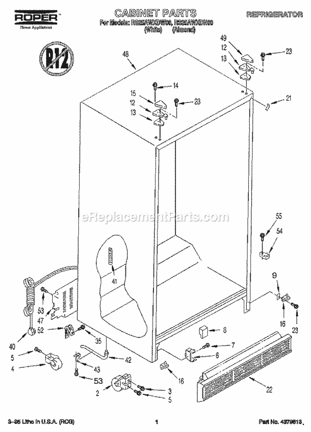 Roper RS25AWXDN00 Side-By-Side Refrigerator Cabinet Diagram