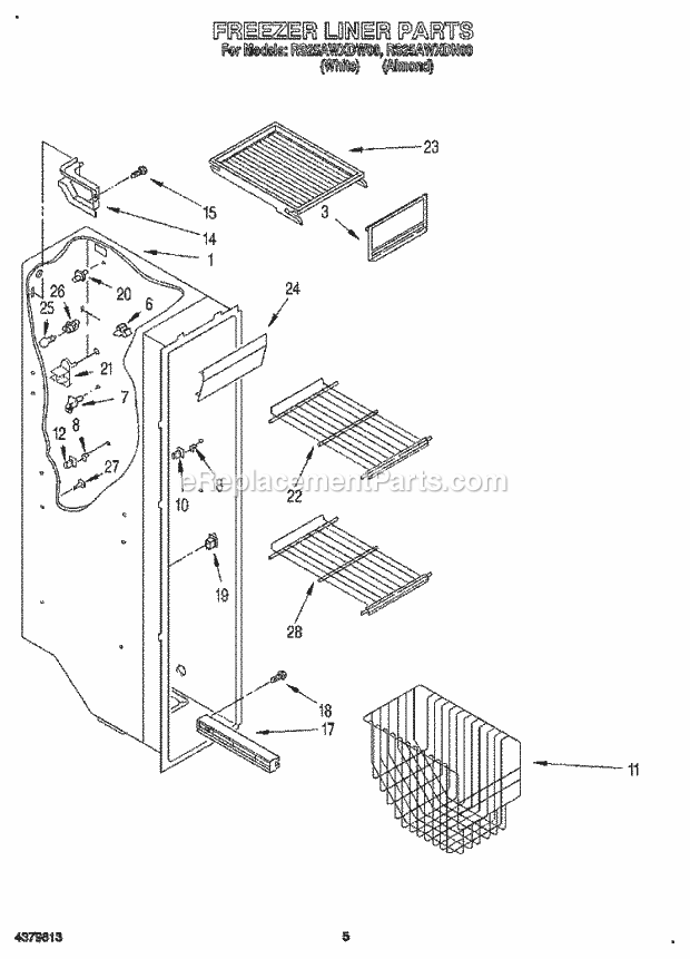 Roper RS25AWXDN00 Side-By-Side Refrigerator Freezer Liner Diagram