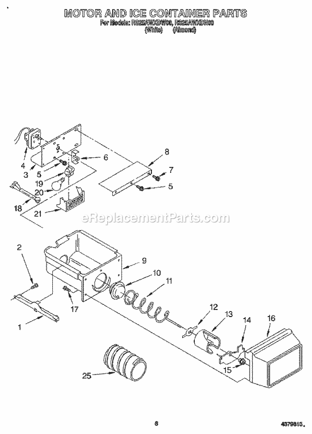 Roper RS25AWXDN00 Side-By-Side Refrigerator Motor and Ice Container Diagram