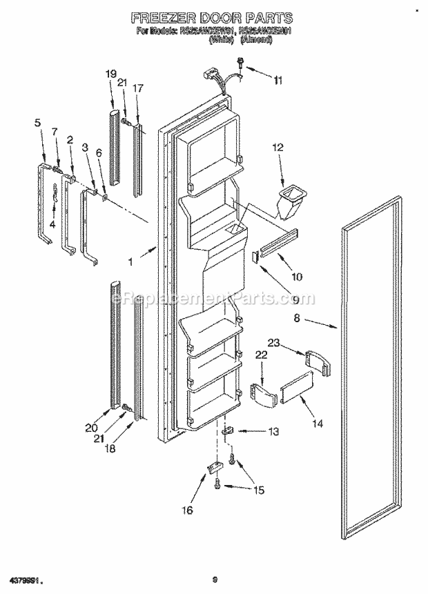 Roper RS25AWXEN01 Side-By-Side Refrigerator Freezer Door Diagram