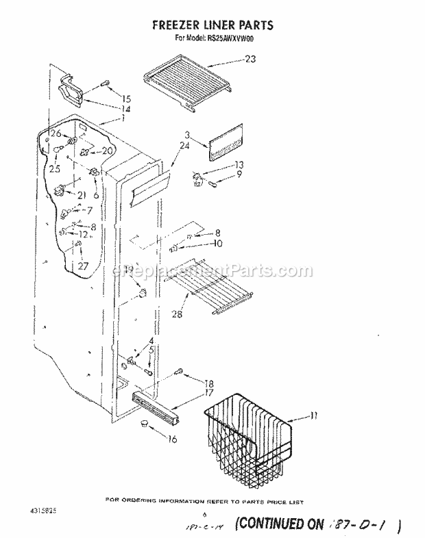 Roper RS25AWXVW00 Side-By-Side Refrigerators* Freezer Liner Diagram