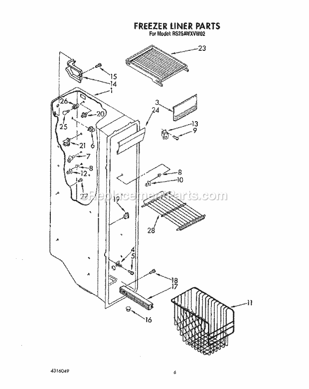 Roper RS25AWXVW02 Side-By-Side Refrigerators* Freezer Liner Diagram