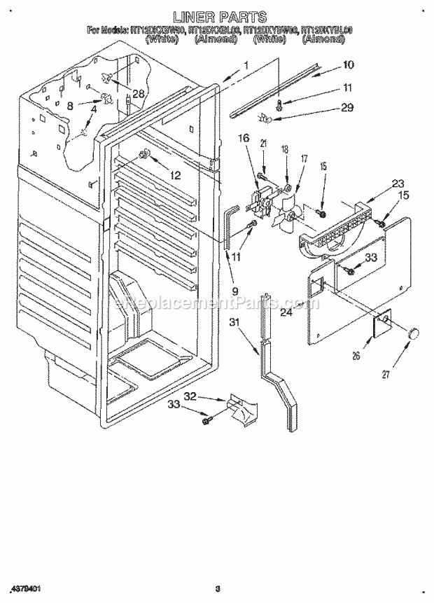 Roper RT12DKXBL00 Top Freezer Refrigerator Liner Diagram