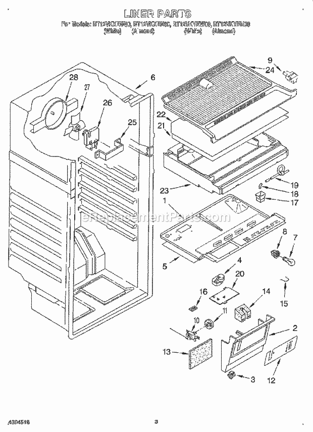 Roper RT12VKXEW00 Top Freezer Refrigerator Liner Diagram