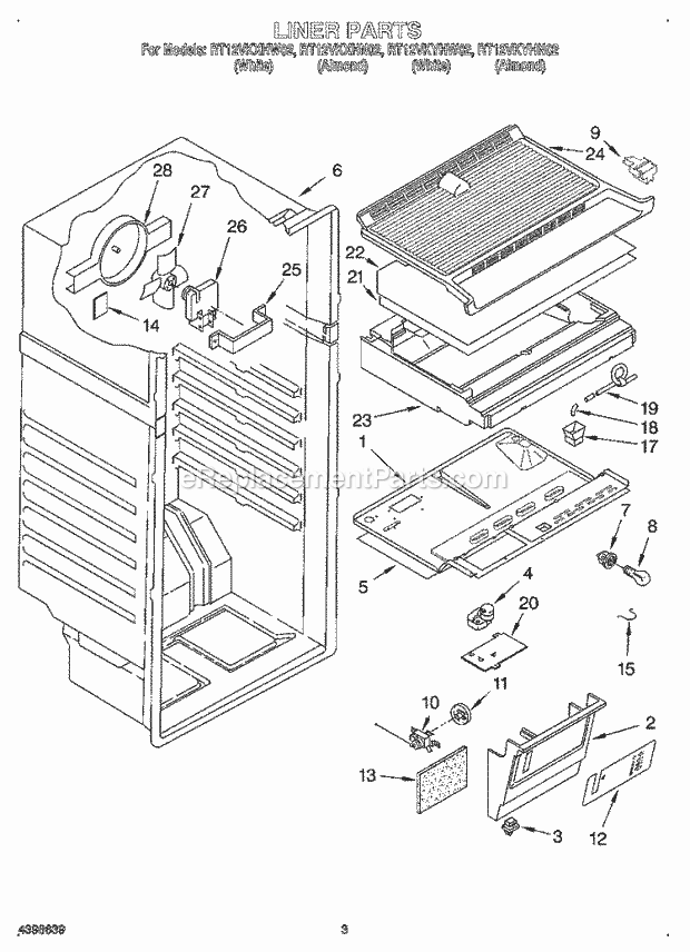 Roper RT12VKXHW02 Top Freezer Refrigerator Liner Diagram