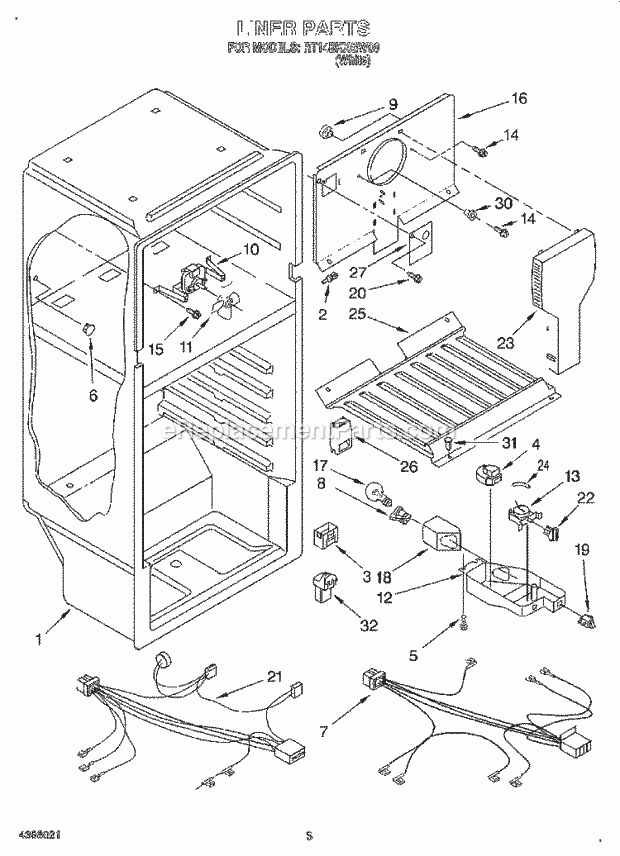 Roper RT14BKXGW00 Top Freezer Top-Mount Refrigerator Liner Diagram