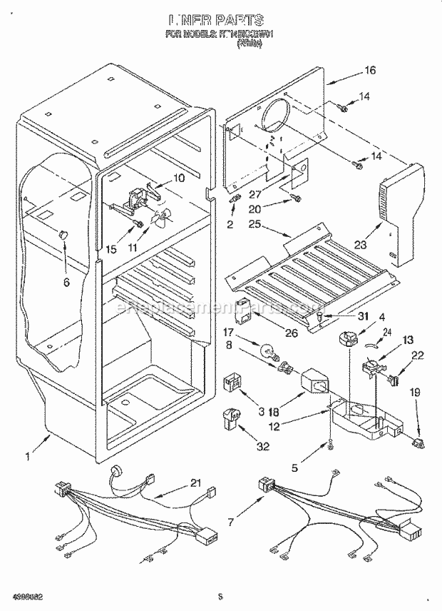 Roper RT14BKXGW01 Top Freezer Top-Mount Refrigerator Liner Diagram