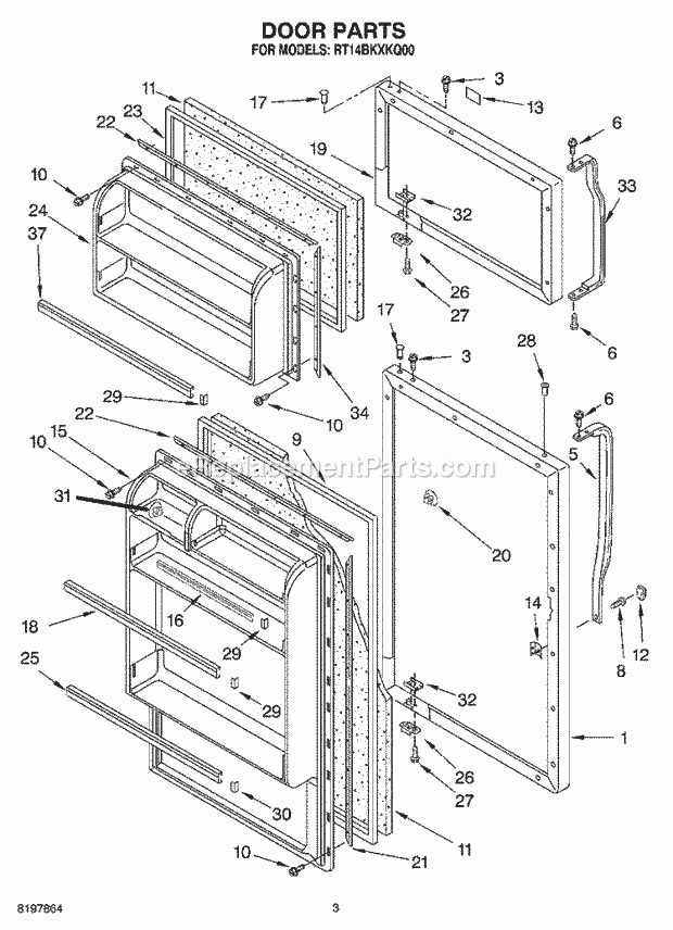 Roper RT14BKXKQ00 Top Freezer Top-Mount Refrigerator Door Diagram