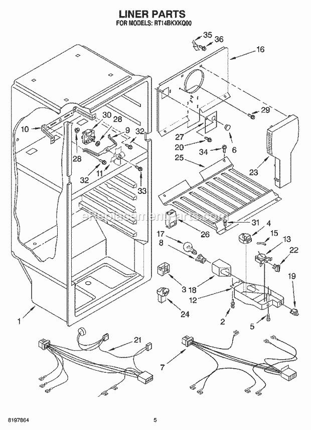 Roper RT14BKXKQ00 Top Freezer Top-Mount Refrigerator Liner Diagram