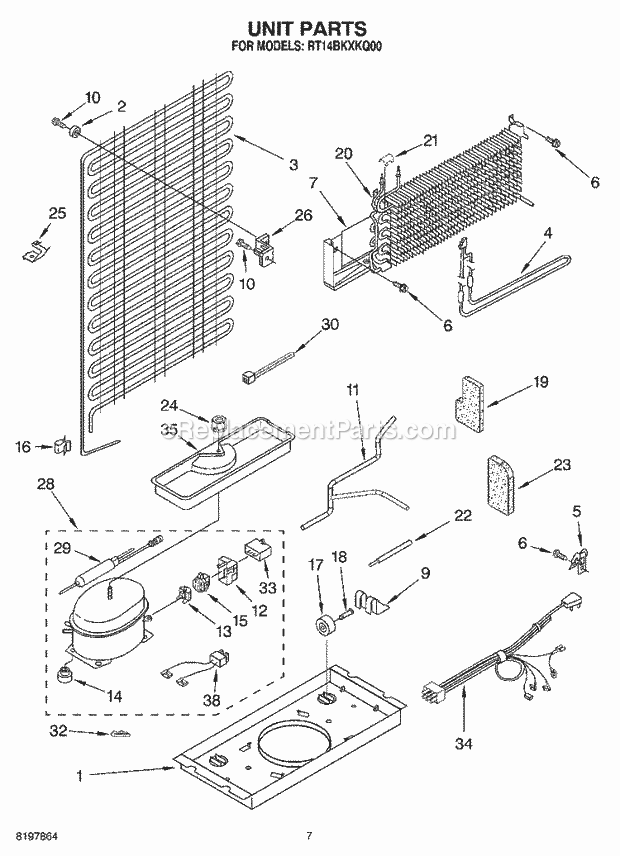 Roper RT14BKXKQ00 Top Freezer Top-Mount Refrigerator Unit Diagram