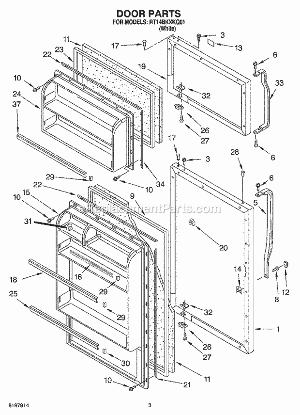 Roper RT14BKXKQ01 Top Freezer Top-Mount Refrigerator Door Diagram