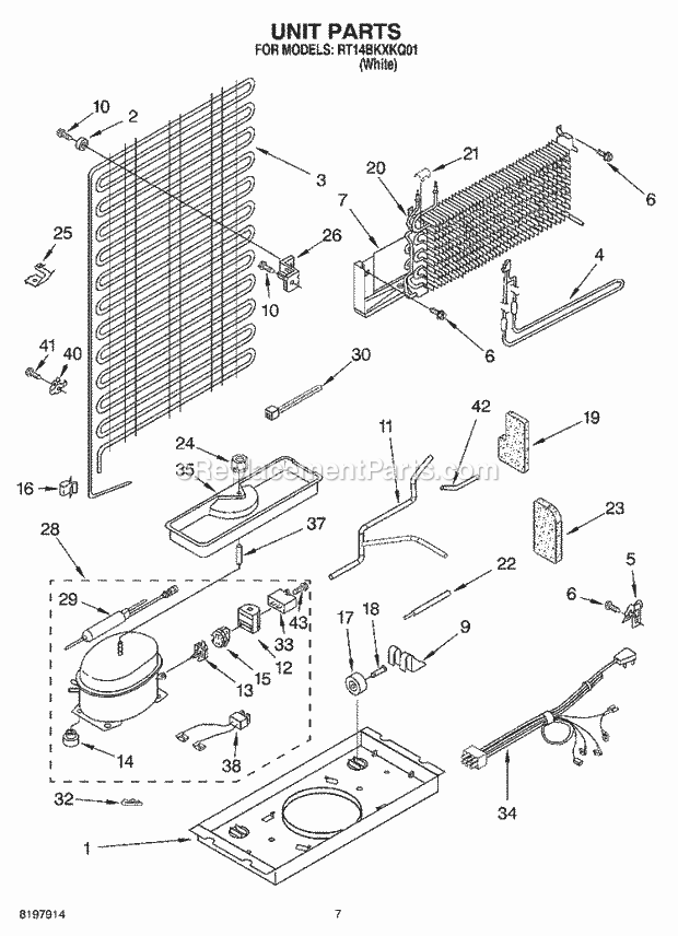 Roper RT14BKXKQ01 Top Freezer Top-Mount Refrigerator Unit Diagram