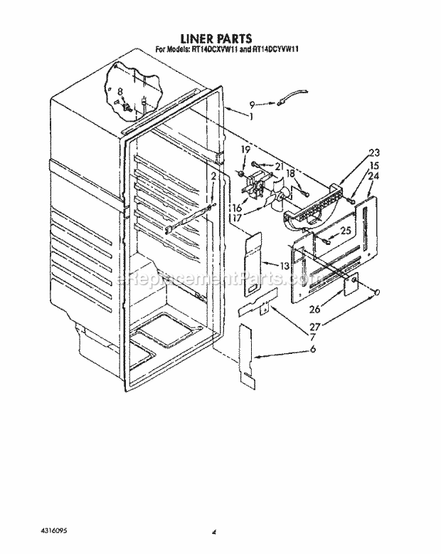 Roper RT14DCYVW11 Top Freezer Refrigerators* Liner Diagram