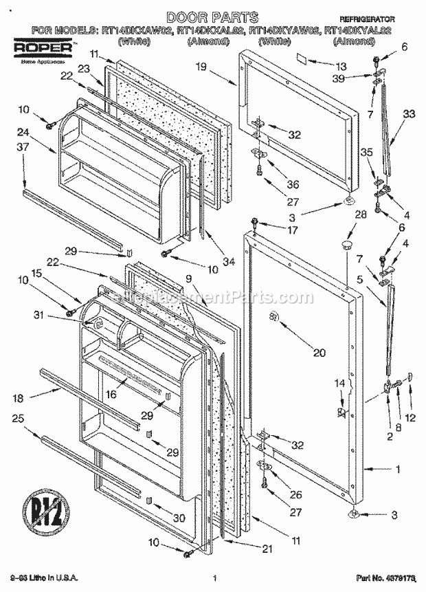 Roper RT14DKXAW02 Top Freezer Top-Mount Refrigerator Door Diagram