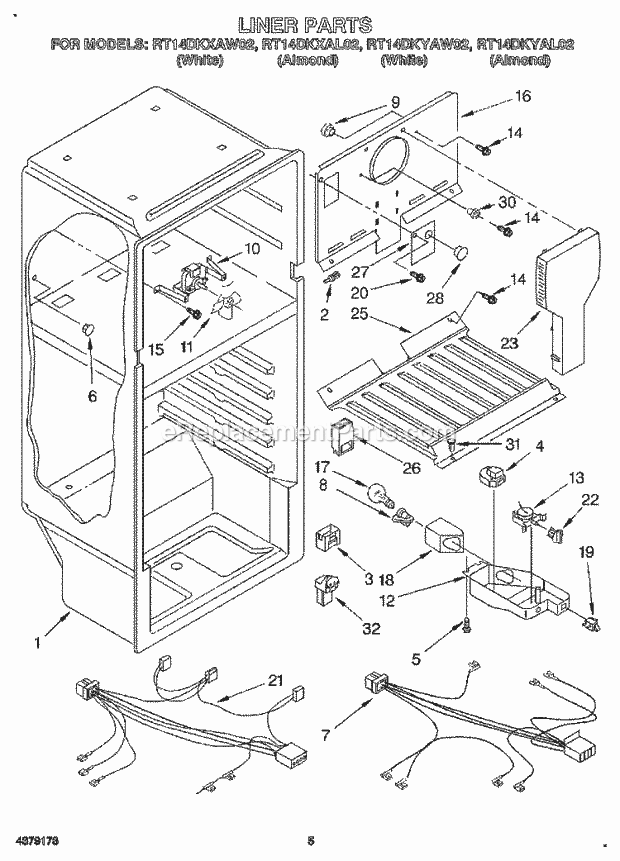 Roper RT14DKXAW02 Top Freezer Top-Mount Refrigerator Liner, Lit/Optional Diagram