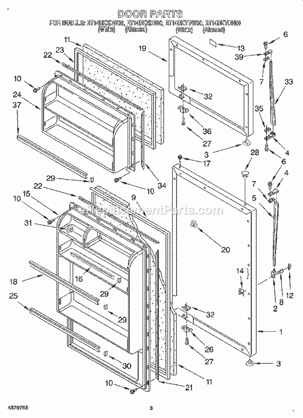 Roper RT14DKXDW00 Top Freezer Refrigerator Door Diagram