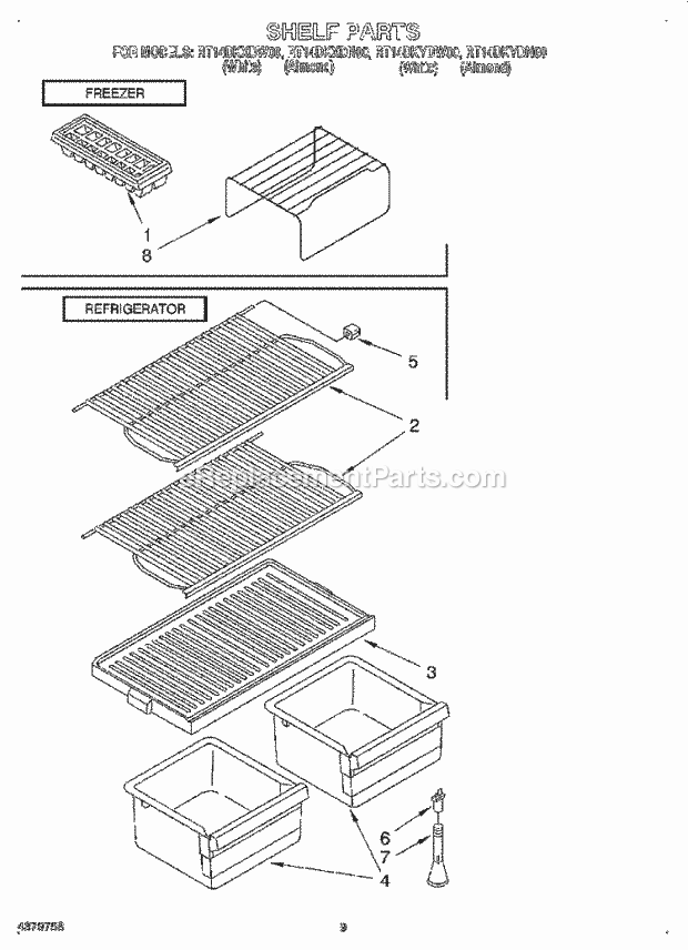 Roper RT14DKXDW00 Top Freezer Refrigerator Shelf Diagram