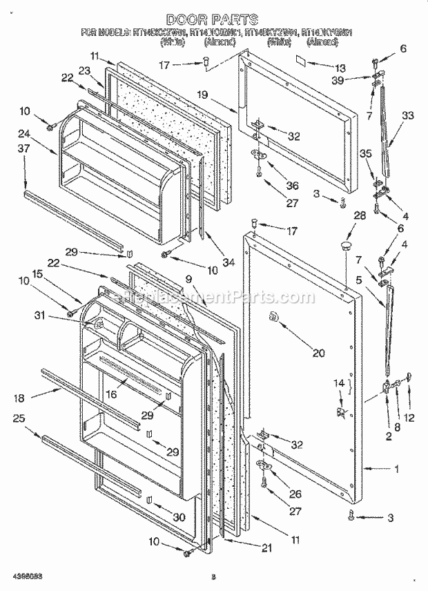 Roper RT14DKXGN01 Top Freezer Top-Mount Refrigerator Door Diagram