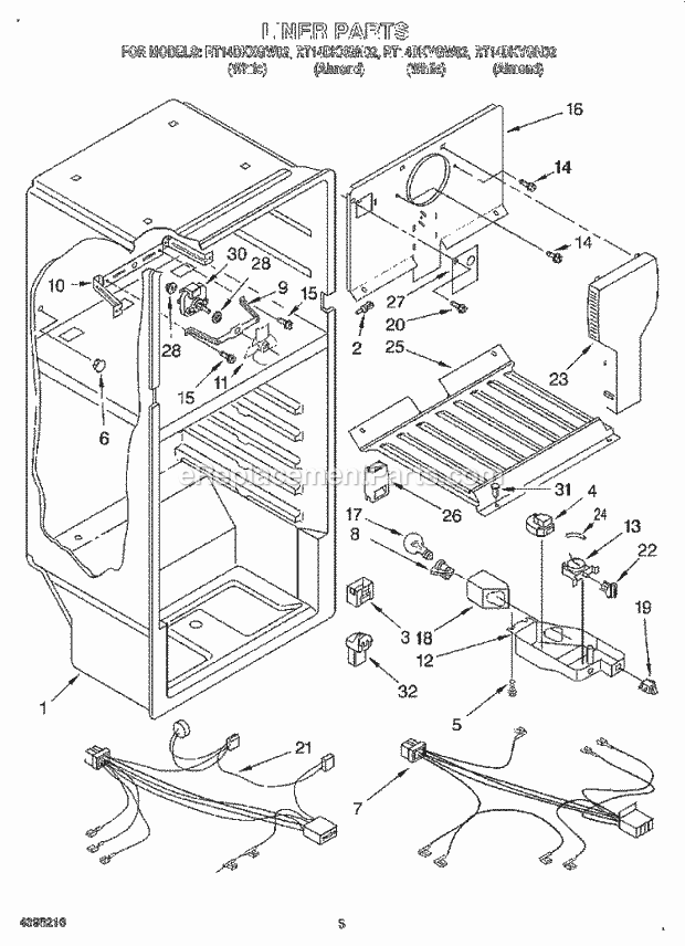 Roper RT14DKXGN02 Top Freezer Refrigerator Liner Diagram