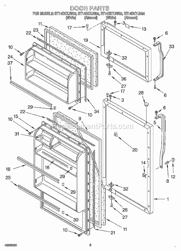 Roper RT14DKXJW00 Top Freezer Refrigerator Door Diagram