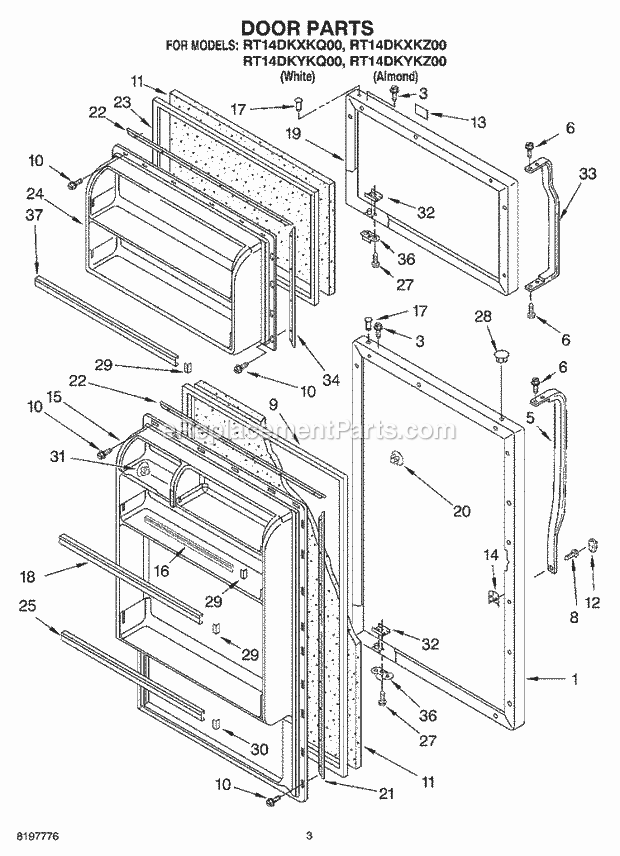 Roper RT14DKXKQ00 Top Freezer Refrigerator Door Diagram